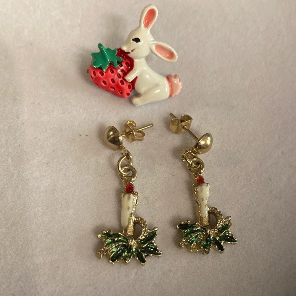 Vintage enamel pin / candle earrings . Both pre owned with wear